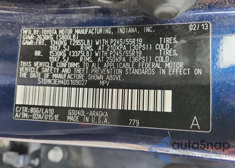 2013 Toyota Highlander Limited z USA, uszkodzony, nr VIN 5TDYK3EH4DS109027